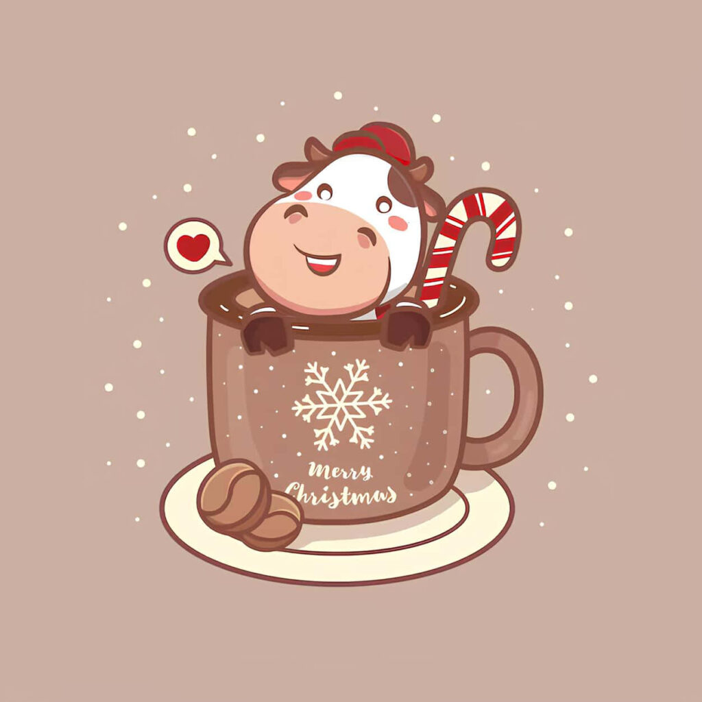 Charming Christmas Cow in Festive Mug with Snowflakes & Candy Canes Wallpaper
