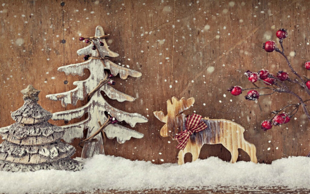 Charming Christmas Desktop Background: Snowy Trees & Reindeer Scene Wallpaper