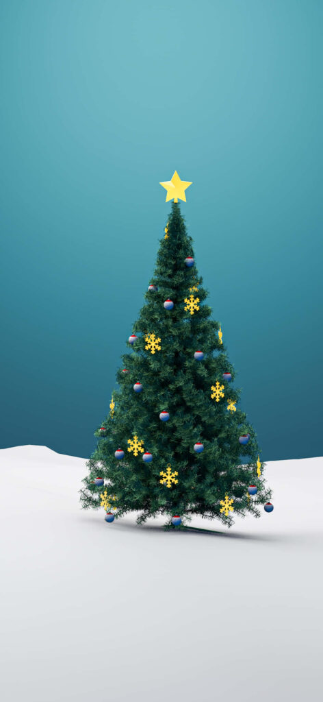 Charming Christmas Tree in Snowy Landscape with Colorful Ornaments Wallpaper