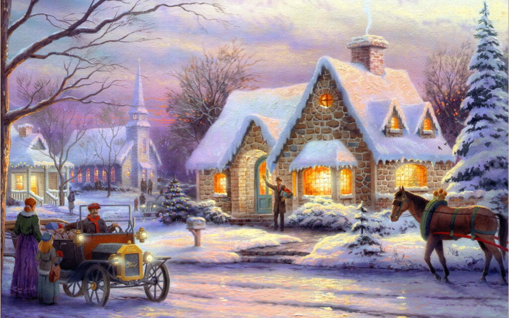 Festive Christmas Village Wallpaper: Cozy Snowy Holiday Scene