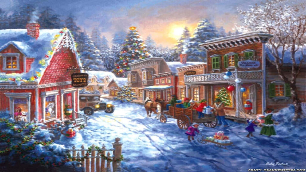 Charming Christmas Village Wallpaper with Snowy Festive Scene
