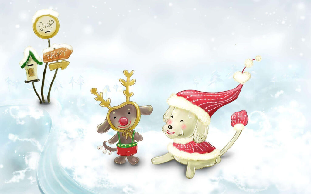 Festive Cartoon Animals in Christmas Attire - Whimsical Wallpaper