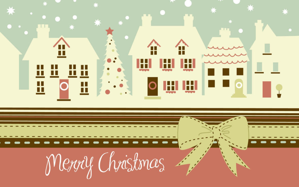 Charming Christmas Village Wallpaper with Festive Snow & Tree