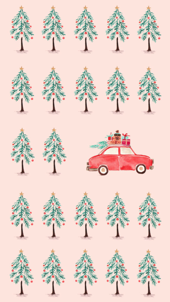 Charming Festive Phone Wallpaper: Red Car, Gifts & Christmas Trees