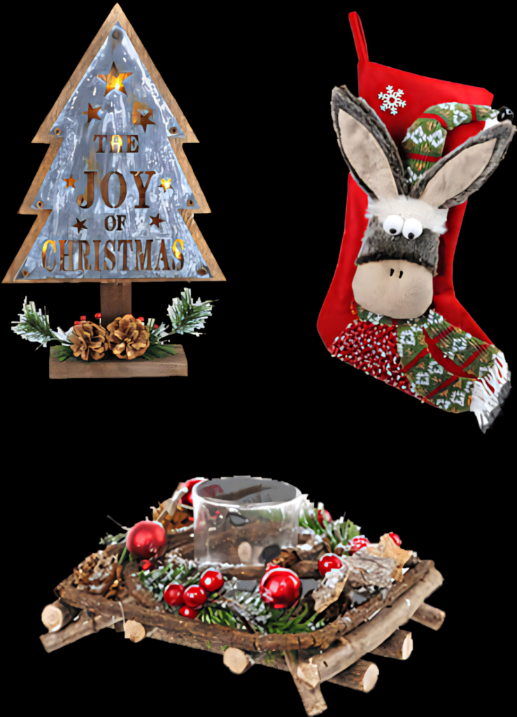 Charming Christmas Decor Trio: Rustic Sign, Donkey Stocking & Candleholder Wallpaper