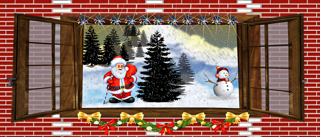 Charming Christmas Wallpaper: Santa & Snowman Through Rustic Window