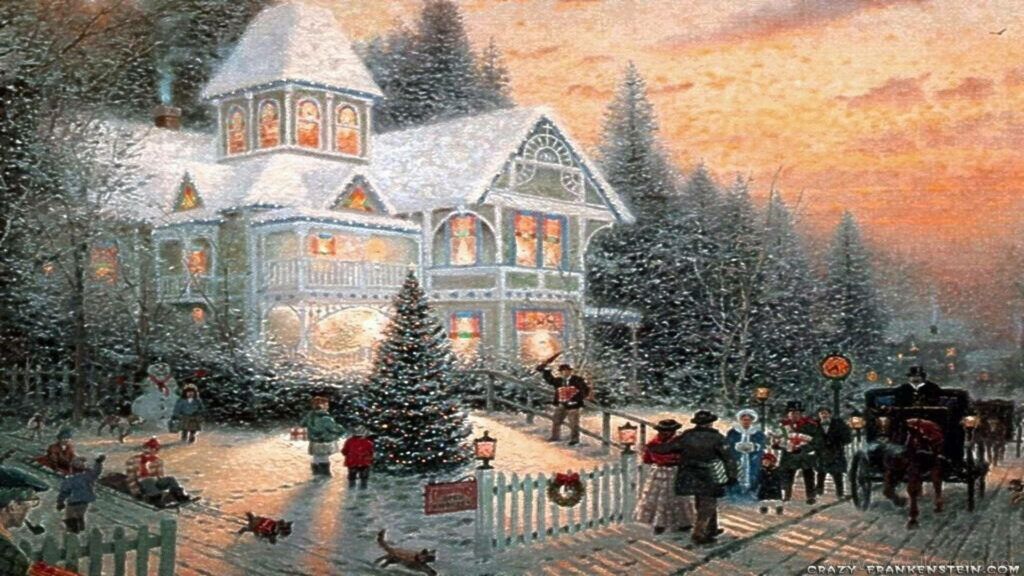 Charming Countryside Christmas Wallpaper: Snowy Victorian Scene