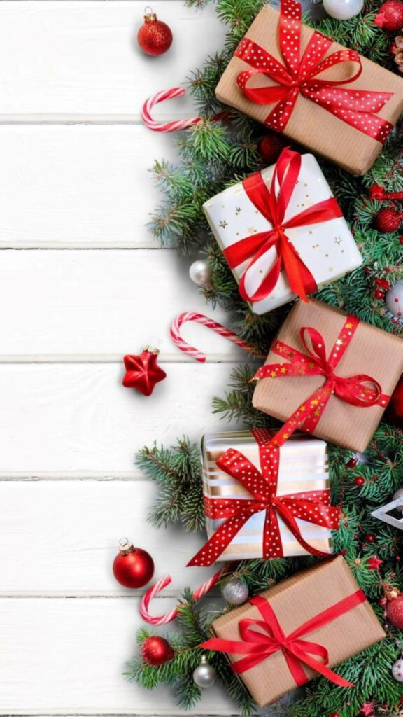 Charming Christmas Wallpaper: Wrapped Gifts, Ribbons & Pine Decor