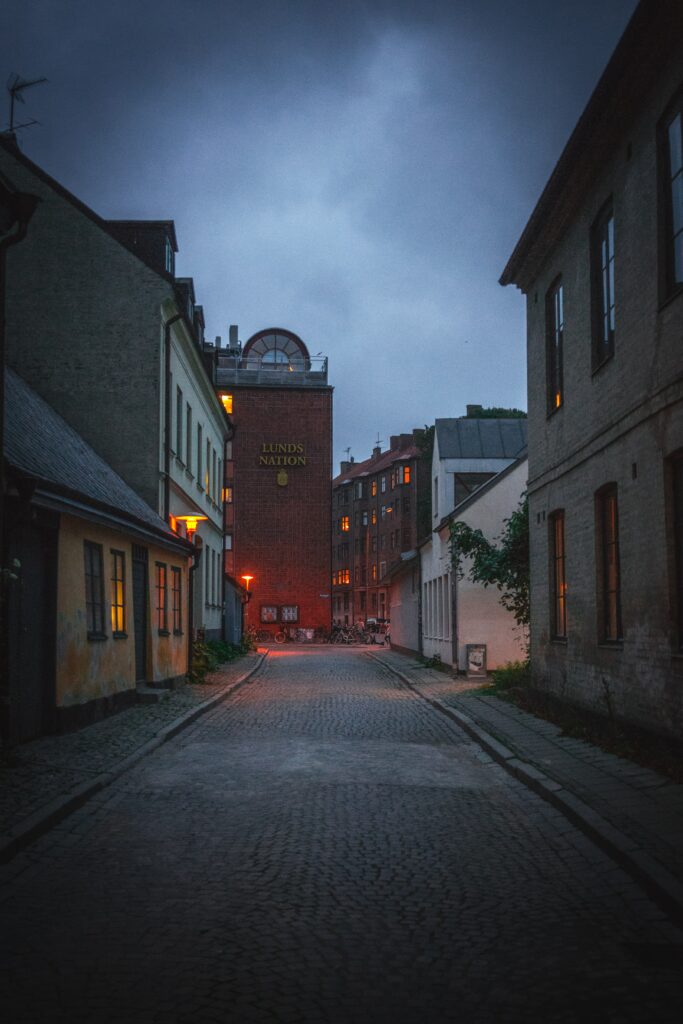 Charming Cobblestone Street: Serene Evening Wallpaper Background