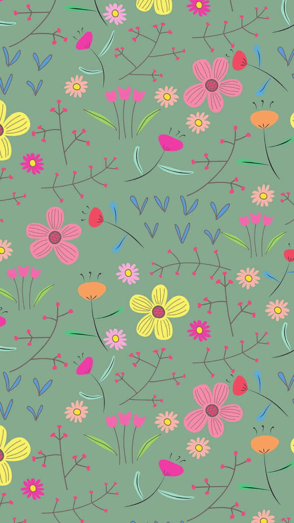 Whimsical Floral Wallpaper: Colorful Plants on Green Background