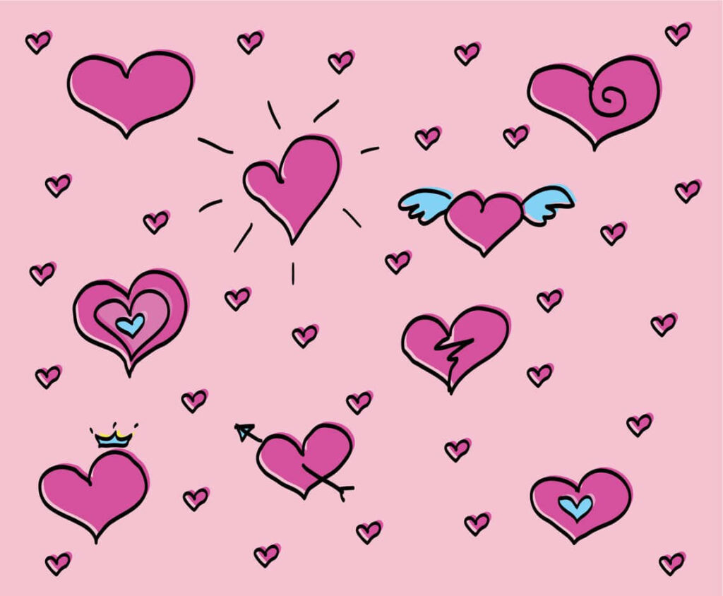 Charming Heart Wallpaper: Colorful Designs on Soft Pink Background