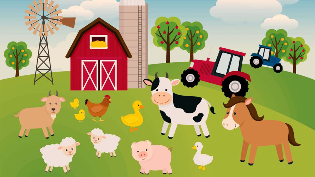 Idyllic Countryside with Farm Animals and Classic Barn Setting Wallpaper