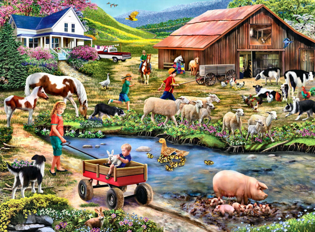 Charming Countryside Wallpaper: Farmhouse, Animals & Tranquil Stream