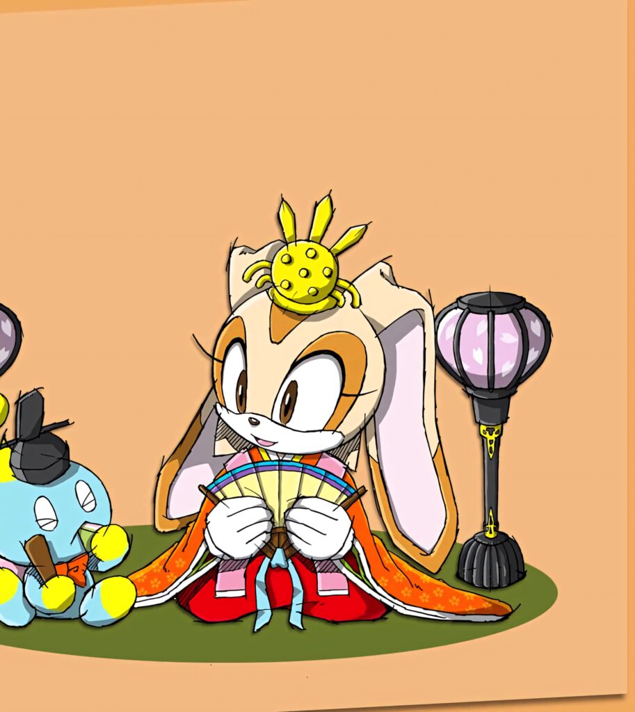 Charming Cream the Rabbit in traditional outfit with Cheese the Chao pastel festive wallpaper background