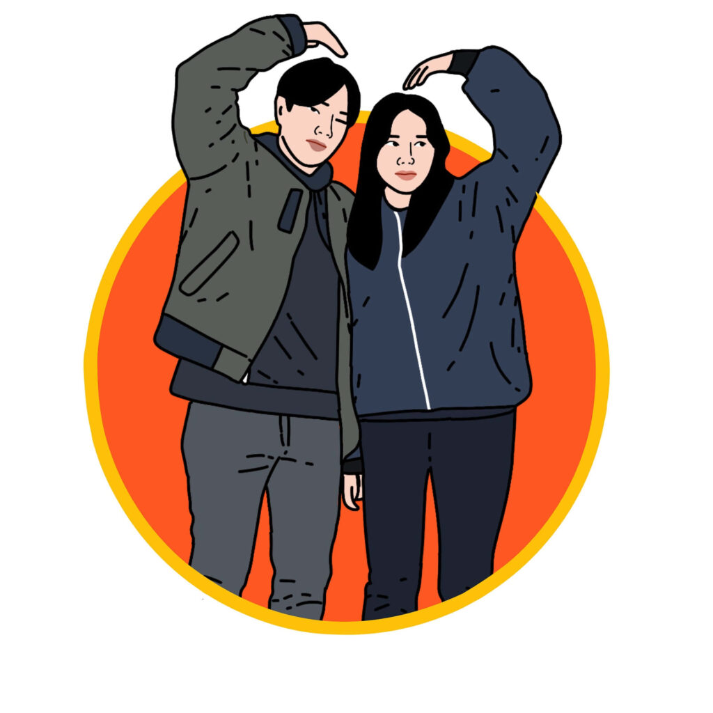 Charming Cartoon Couple Wallpaper: Playful Love in Orange Background
