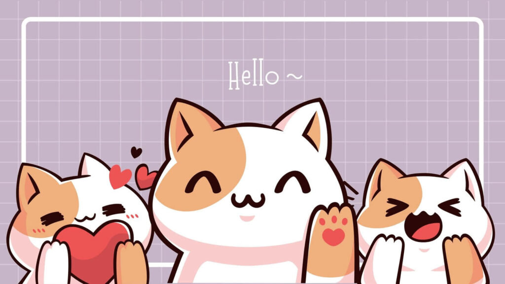 Charming Cartoon Cats Wallpaper on Light Purple Grid Background