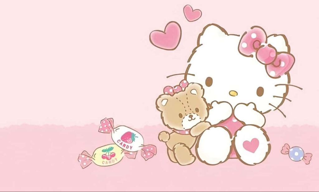 Adorable Cute Character Wallpaper with Teddy Bear & Pink Hearts