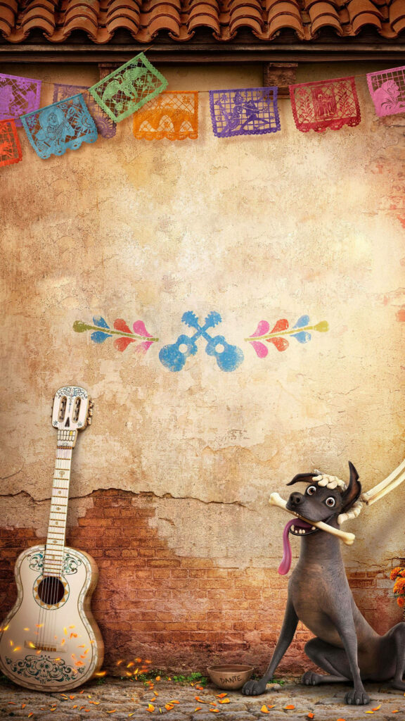 Dante the Dog Wallpaper: Rustic Vibes with Papel Picado & Guitar
