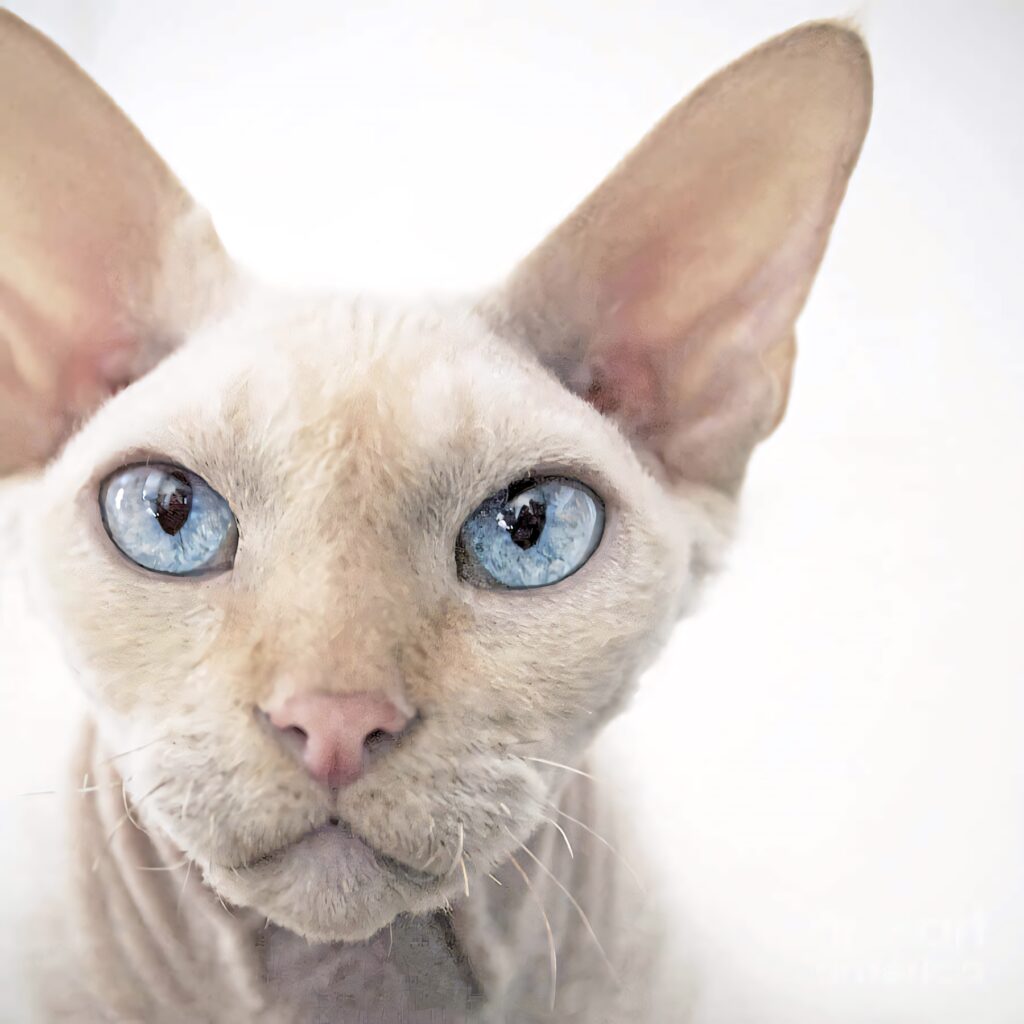 Charming Devon Rex Cat Wallpaper: Cozy Home with Striking Blue Eyes