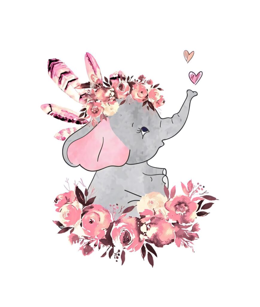 Charming Floral Elephant Wallpaper: Whimsical Pink Rose Design