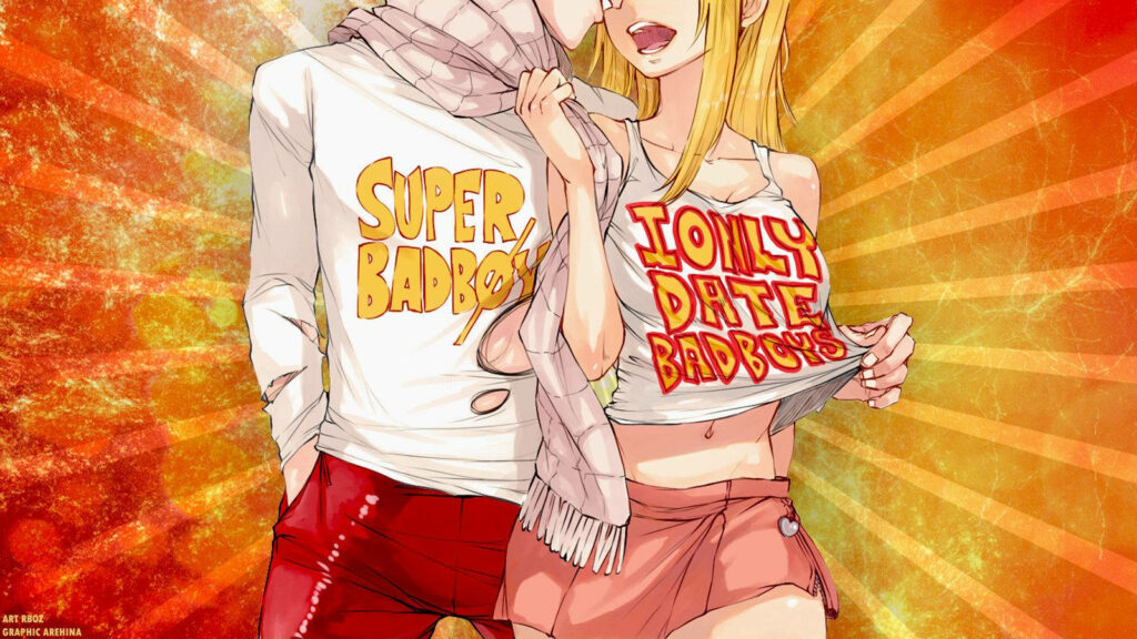 Playful Fairy Tail Wallpaper: Dynamic Characters with Fiery Backdrop