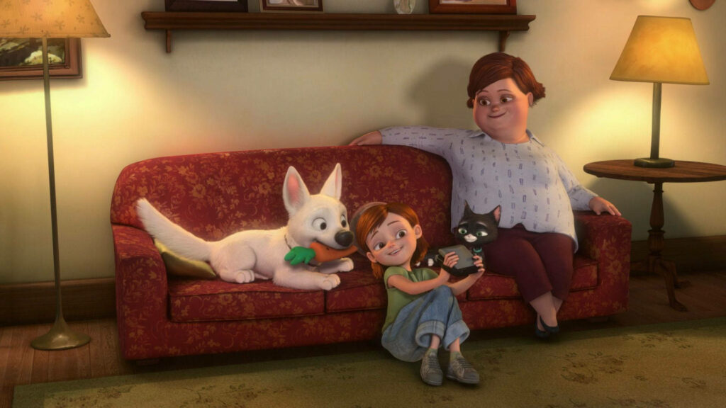 Cozy family wallpaper with Bolt dog Penny girl Mittens cat and mom relaxing on red couch