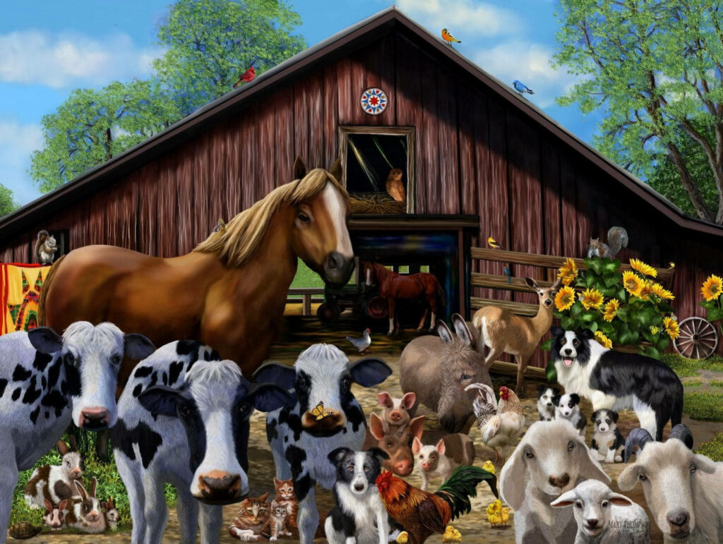 Rustic Barn Wallpaper: Farm Animals Among Sunflowers and Trees