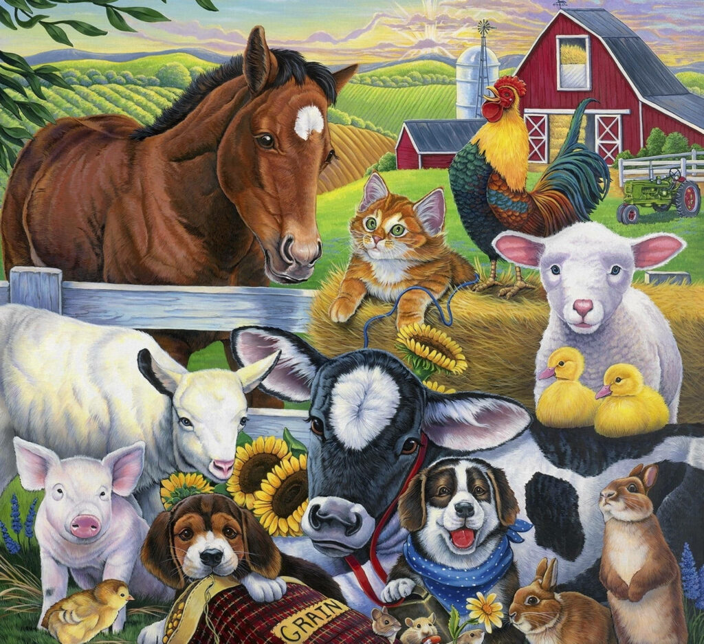 Charming Farm Animal Wallpaper: Vibrant Rural Life Illustration