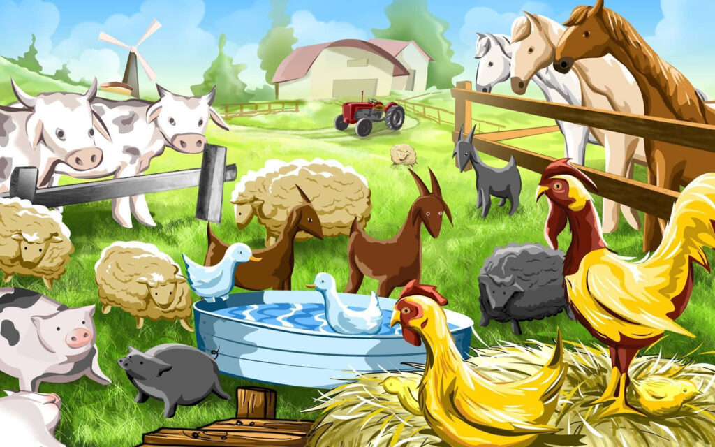 Sunny Pasture Bliss: Farm Animals in a Picturesque Rural Setting Wallpaper