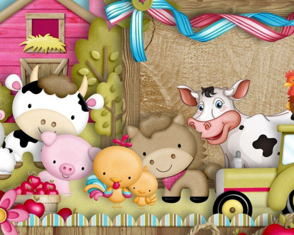 Charming Farm Scene Wallpaper for Kids - Adorable Cartoon Animals