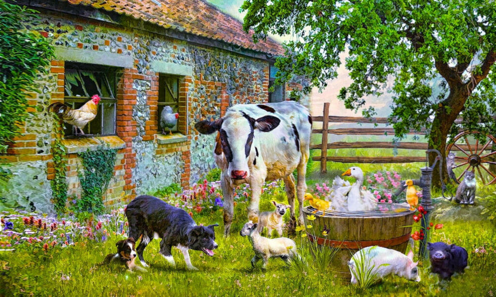 Charming Farm Scene Wallpaper with Animals and Stone House Background