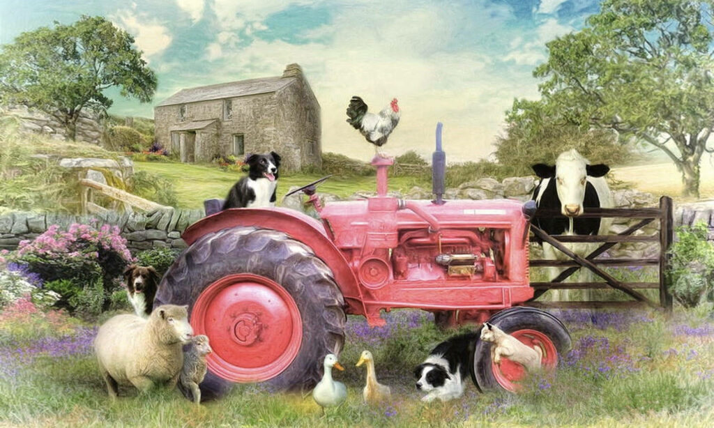 Charming Farm Scene Wallpaper: Animals & Vibrant Red Tractor