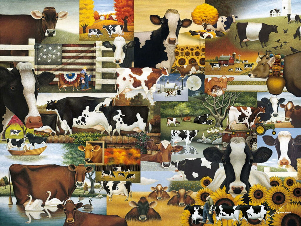 Charming Farm Collage Wallpaper: Cows in Serene Pastoral Settings