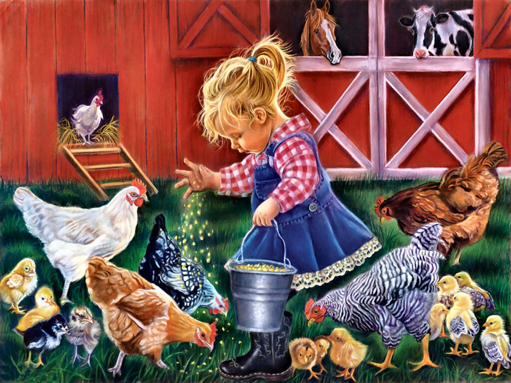 Charming Farm Wallpaper: Child Feeding Chickens in Pastoral Scene