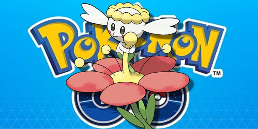 Charming Flabébé Wallpaper: Vibrant Blue Background & Pokémon GO Logo