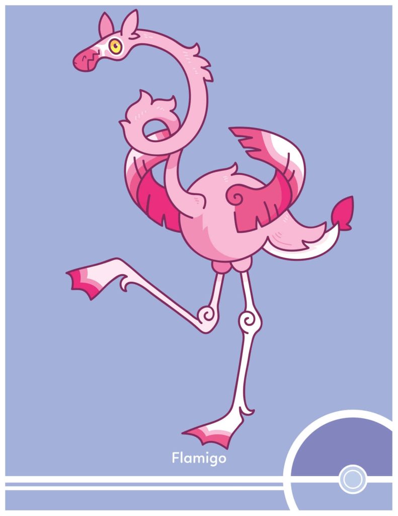 Flamigo Pokémon cartoon wallpaper with vibrant pink character and Pokéball on purple background