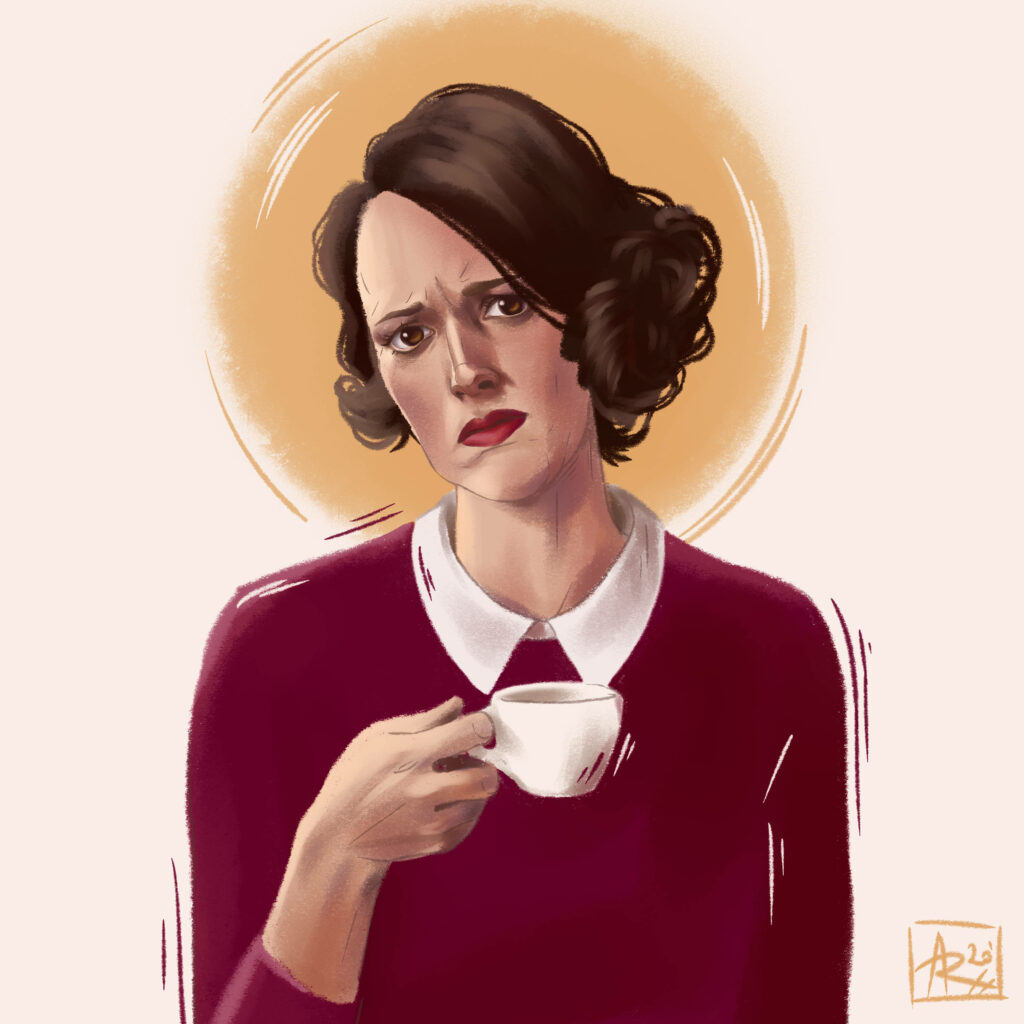 Vibrant Fleabag Art: Charming Red-Hued Wallpaper Design