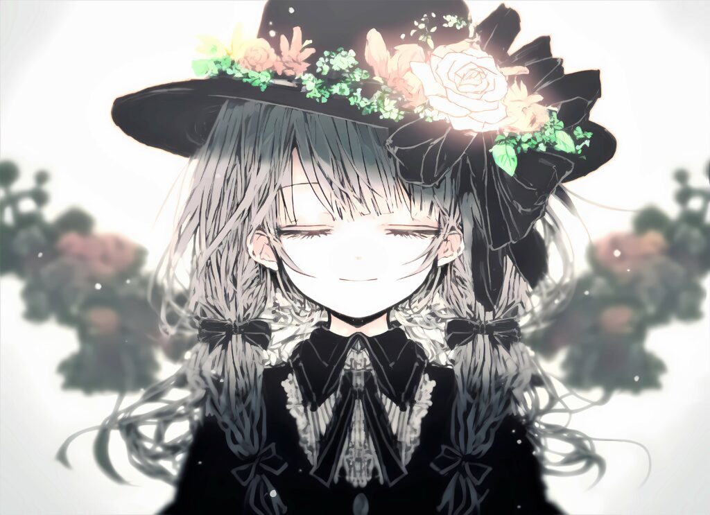 Charming Anime Girl in Floral Hat - Whimsical Wallpaper Design