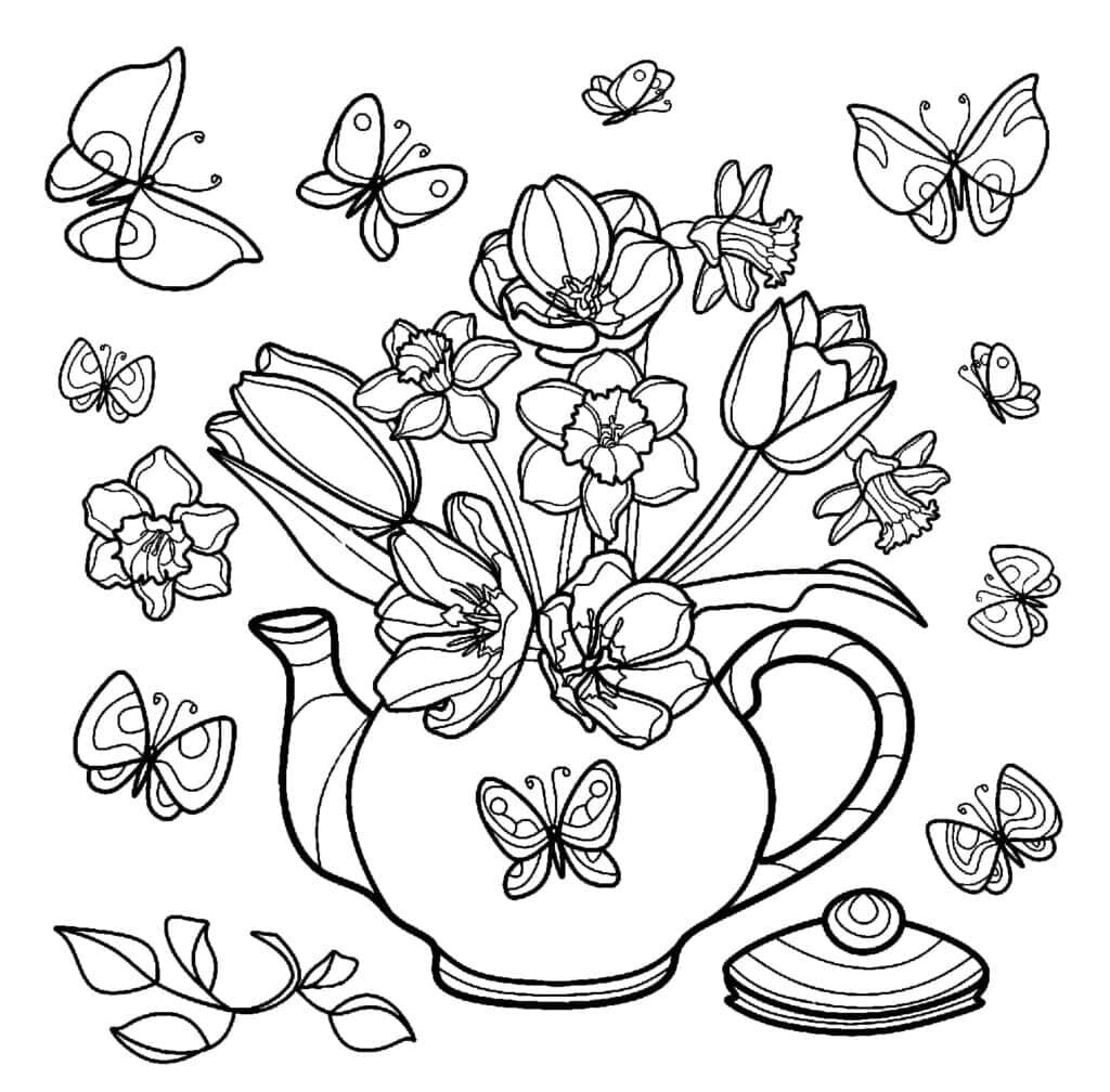Charming Teapot Floral Wallpaper with Butterflies - Whimsical Design