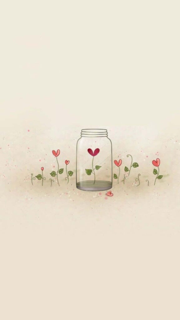 Charming Glass Jar Wallpaper with Heart-Shaped Flower Illustrations
