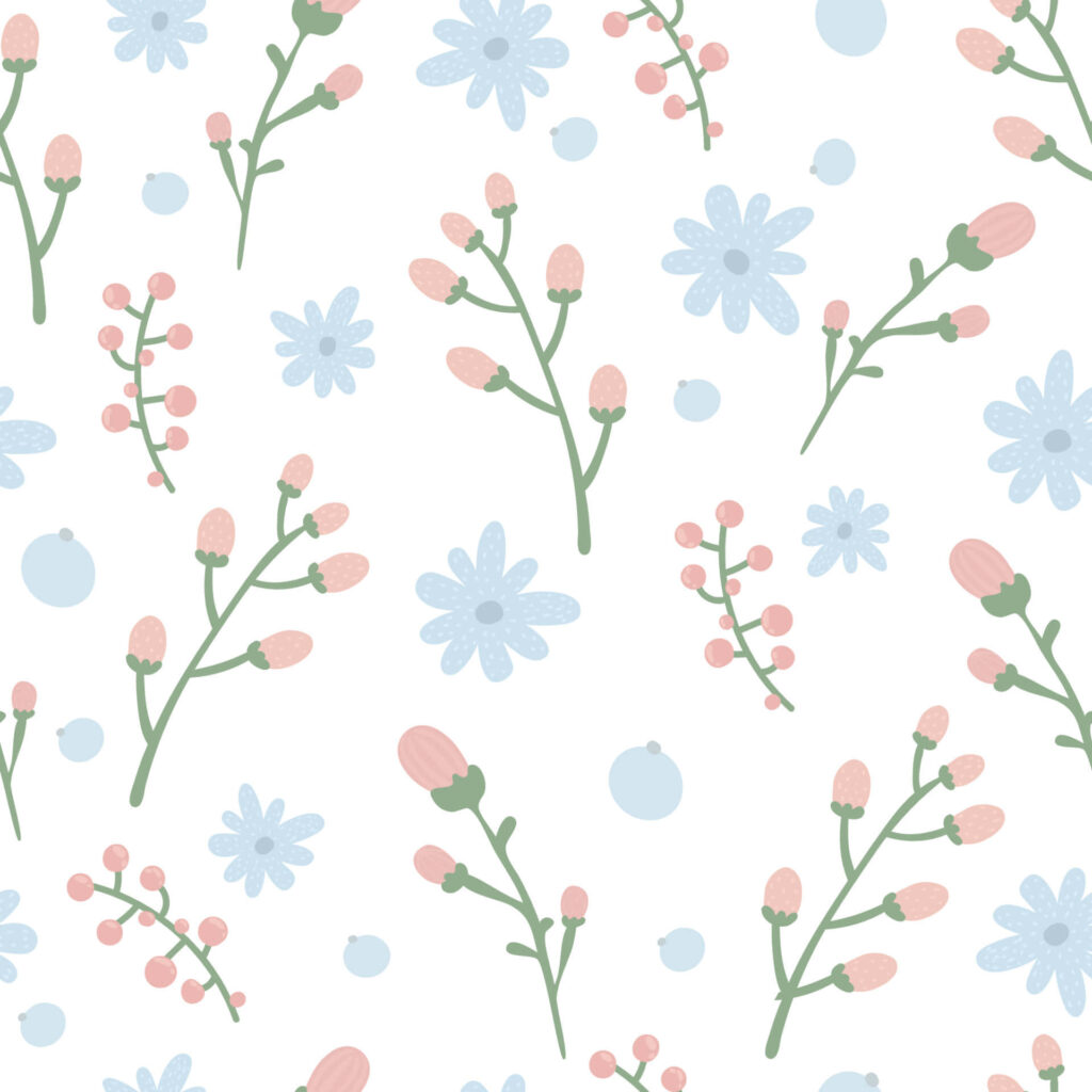 Elegant Floral Wallpaper: Soft Pink & Blue Designs on White Background
