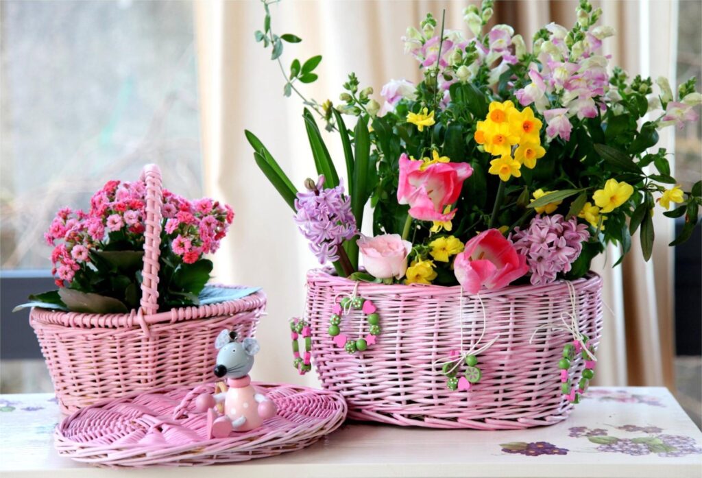 Charming Pink Wicker Baskets with Colorful Flowers & Decorative Mouse Wallpaper
