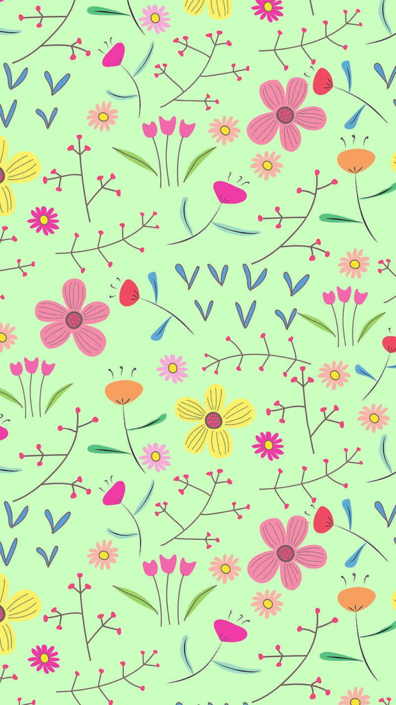 Charming Floral Wallpaper: Bright Blooming Patterns on Light Green