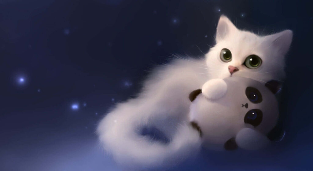 Whimsical Kitten & Panda Plush in Starry Dreamy Background Wallpaper
