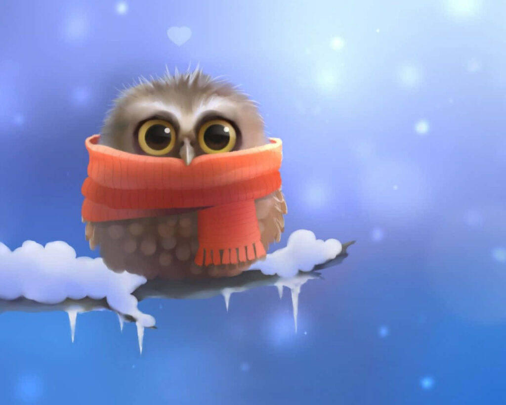 Charming Fluffy Owl Wallpaper: Snowy Scene with Blue Background