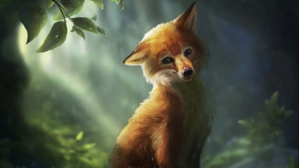 Charming Fox Pup in Lush Greenery: A Curious Nature Scene Wallpaper
