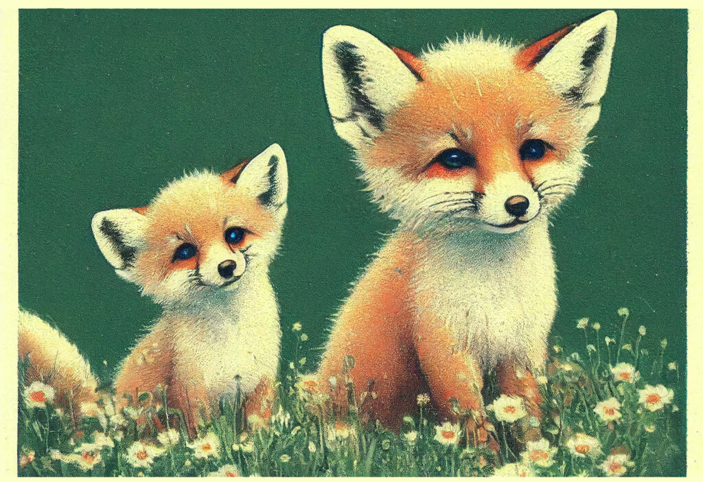 Charming Fox Wallpaper: Adorable Foxes in a Flower Meadow Scene