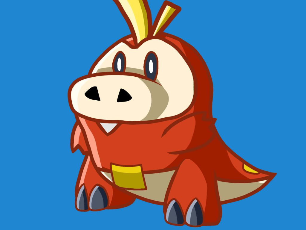 Bright Fuecoco Fire-type Pokémon 2D animation on vibrant blue minimalist wallpaper background
