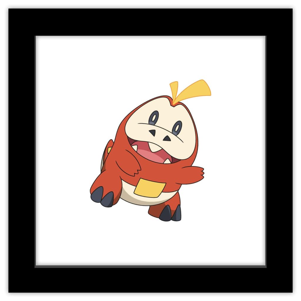 Digital illustration of Fuecoco Pokémon Scarlet Violet smiling Fire-type on white background framed Wallpaper