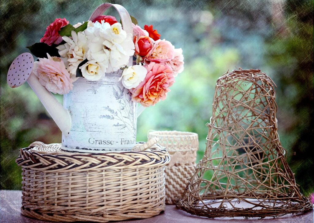 Cozy Garden Wallpaper: Rustic Watering Can & Woven Baskets